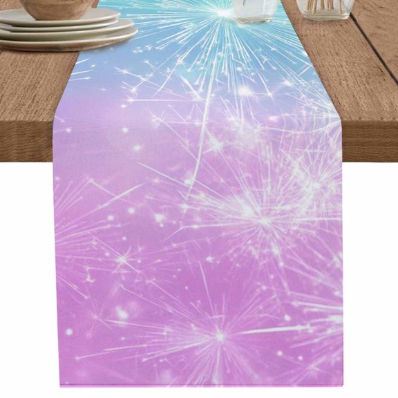 Gradient Purple Green Firework Table Runner-36 Inch Long Happy Celebration Table Runners Linen Burlap Tablerunner for Kitchen Dining Room Holiday Party