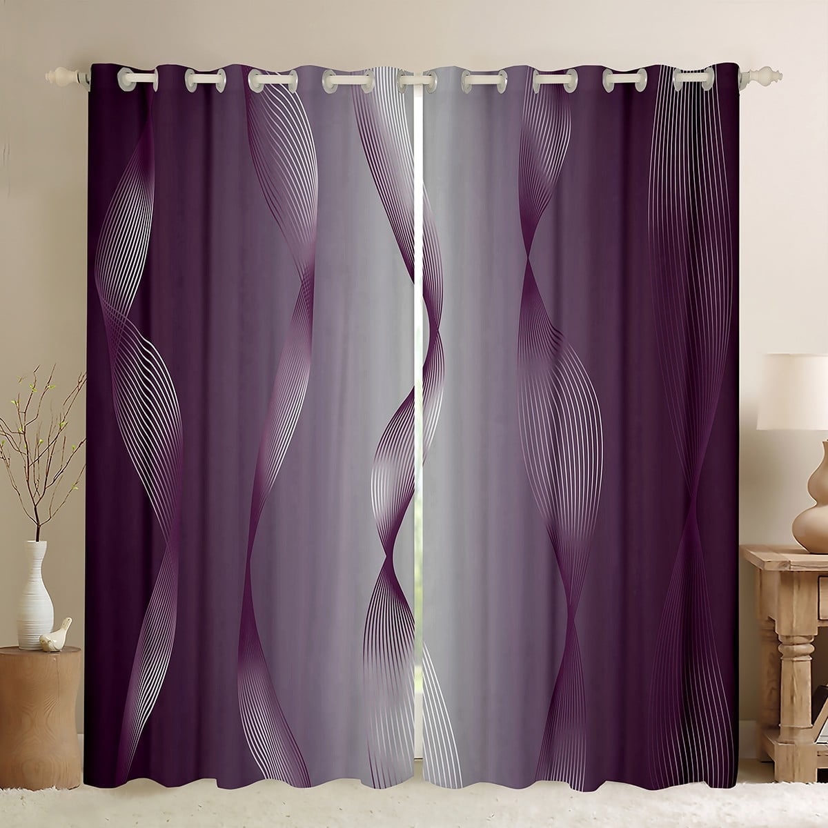 Gradient Purple and Greyish White 30%-50% Blackout Curtains Ombre 2 Panels 42"Wx90"L Curtains & Drapes,Trippy Spiral Silver Wave Line Curtains,Abstract Art Room Decor Aesthetic