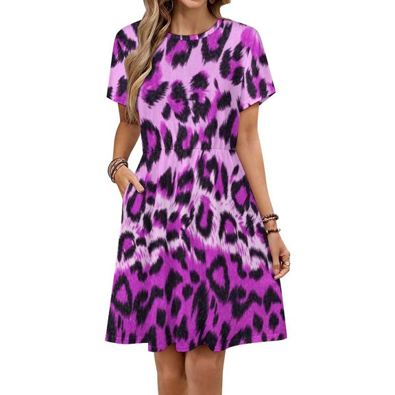 Gradient Purple Leopard Print Women's Dress Short Sleeve Summer Sundress Summer Women Clothes