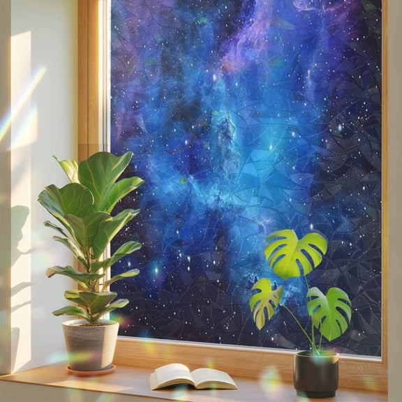 Gradient Purple Night Sky Window Privacy Film, Rainbow Film Decorative Window Sticker 17.7x39.3in, Mysterious Starry Sky Sun Blocking Static Stained Glass Cling Tint Non-Adhesive