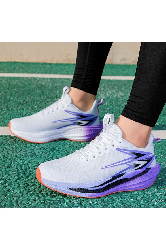 Gradient Purple Orange Lightning Print Knit Mesh Lace Up Racing Running Sneakers