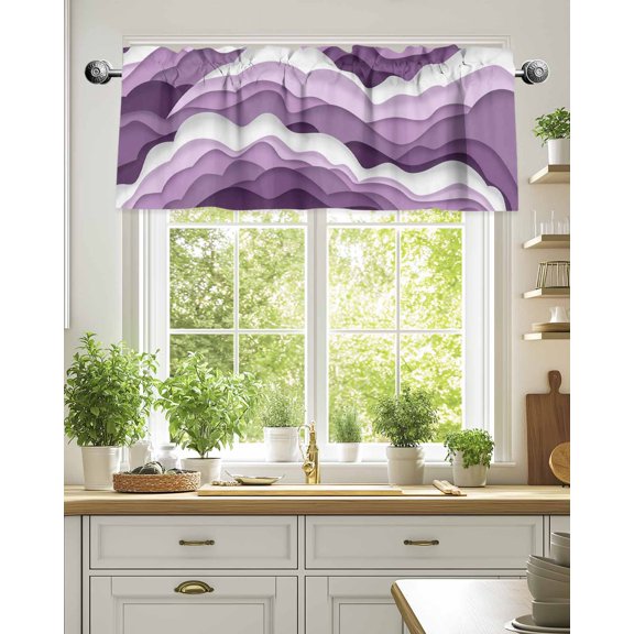 Gradient Purple Sea Wave Line Valances for Windows,Kitchen Valance Rod Pocket Short Curtain,Abstract Arts Lines on White Valance Curtain Window Valances for Bedroom Living Room 54x18in