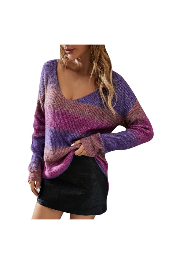 Gradient Purple Sweater Sweaters For Women Lightweight Oversized V Neck Sweater Tops Long Sleeve Ribbed Knitted Pullovers