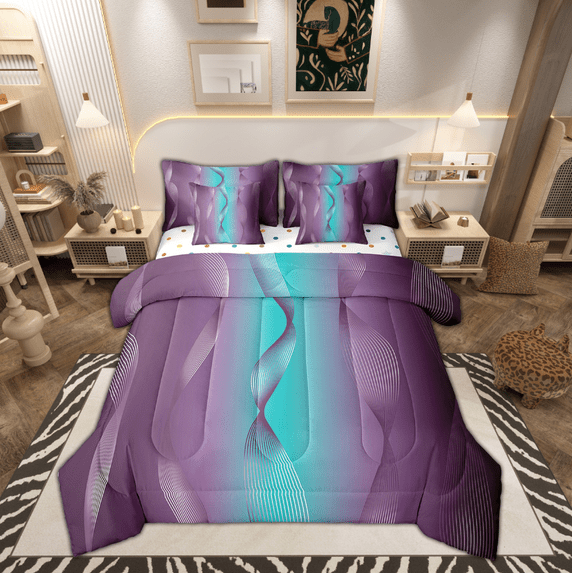 Gradient Purple and Teal Bed in a Bag King Size Comforter Set 7 Pieces,Silver Foil Print Wave Striped Bedding Sets Abstract Ombre Art Sheet Set with Comforter