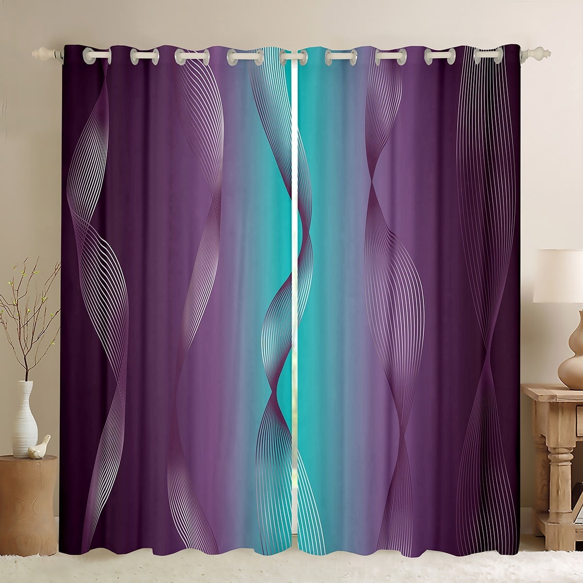 Gradient Purple and Teal Blackout Curtains Ombre 2 Panels 42"Wx90"L Curtains & Drapes,Trippy Spiral Silver Wave Line Curtains,Abstract Art Room Decor Aesthetic