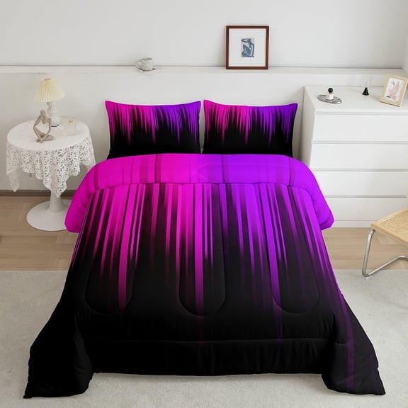 Gradient Queen Comforter Set Purple Black Pink Abstract Ombre Bedding Set for Women ,Retro Geometry Striped Down Comforter,Boho Hippie Style Geometric Stripes Duvet Insert Modern Room Decor
