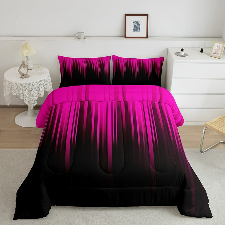 Gradient Queen Comforter Set Pink Black Abstract Ombre Bedding Set for Girls Women Teen Retro Geometry Striped Down Comforter Boho Exotic Hippie Geometric Stripes Duvet Insert Modern Room Decor Walmar...