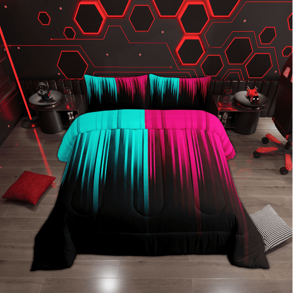 Gradient Queen Comforter Set Pink Teal Black Abstract Ombre Bedding Set Adult,Retro Geometry Striped Down Comforter,Boho Exotic Hippie Geometric Stripes Duvet Insert Modern Room Decor