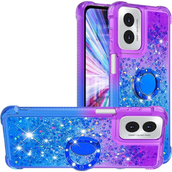 Gradient Quicksand Case for Motorola Moto G Play 4G (2024) with Ring Kickstand, Bling Sparkle Colorful Soft TPU Liquid Glitter Cover Case for Motorola Moto G Play 4G (2024) JB-Purple Blue