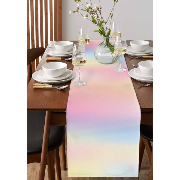 Gradient Rainbow Colored Table Runner 13x72in Non-Slip Cotton Linen Table Runners, Pink Blue Yellow Dresser Scarves TableRunner for Dinner Kitchen Dining Wedding Party