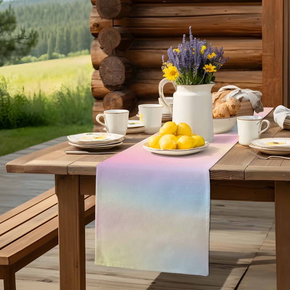 Gradient Rainbow Colored Table Runner 13x90in Non-Slip Cotton Linen Table Runners, Pink Blue Yellow Dresser Scarves TableRunner for Dinner Kitchen Dining Wedding Party