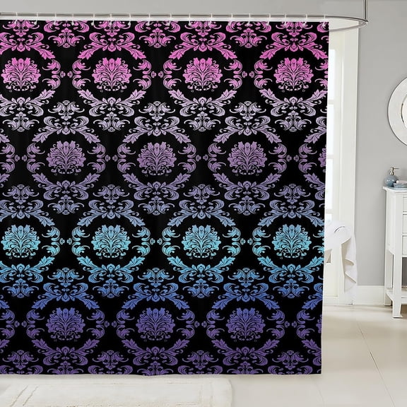 Gradient Rainbow Damask Shower Curtain Set | Antique Decor Gothic Vintage Floral Bath Curtain 72" Wx72 L, Goth Victorian Luxury Bohemian Bathroom Accessories