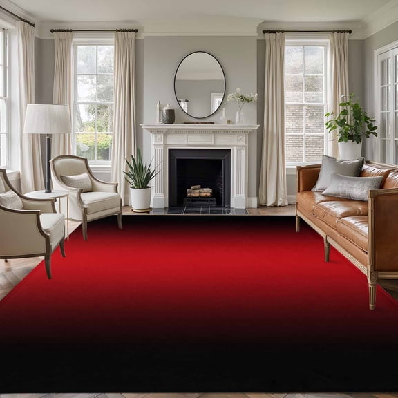Gradient Red Black 5x7 Rug for Living Room Sofa and Coffee Table Layout, Modern Abstract Minimalist Red Ocean Beach Washable Non Slip Rectangle Area Rug