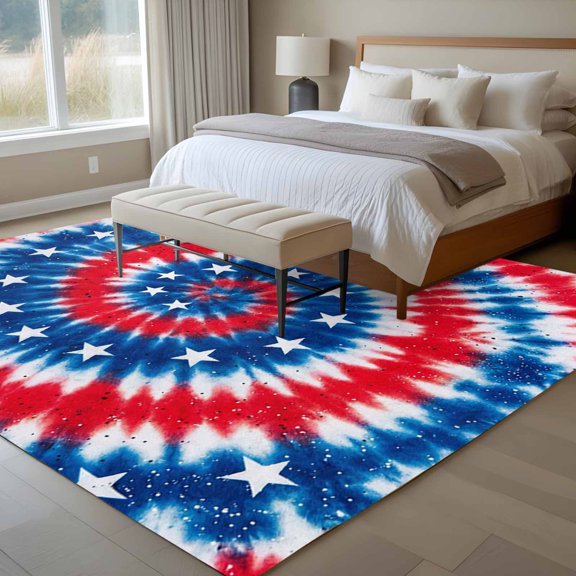 Gradient Red Blue 6x9 Rug for Dining Room Table and Chair Setup, Stars U.S. Flag Abstract Tie-dye Sequins Low Pile Washable Non Slip Rectangle Area Rug