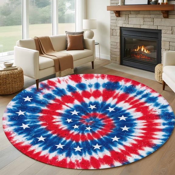 Gradient Red Blue 7ft Round Rug for Living Room Conversation Area, Stars U.S. Flag Abstract Tie-dye Sequins Washable Non Slip Large Circle Area Rug