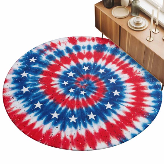 Gradient Red Blue Area Rug, Stars U.S. Flag Abstract Tie-dye Sequins Non-Slip Felt Rubber Backing Round Indoor Carpet Washable Rugs for Living Room Bedroom 3ft