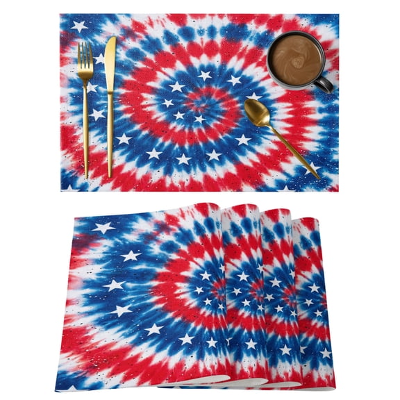 Gradient Red Blue Cotton Linen Placemats Set of 2, Stars U.S. Flag Abstract Tie-dye Sequins Washable Table Place Mats Heat Insulating Placemat for Dining Room Kitchen Daily Use 13 x 19 Inch