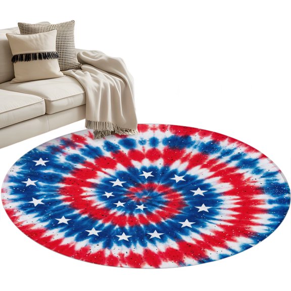 Gradient Red Blue Round Living Room Rugs 4 ft, Stars U.S. Flag Abstract Tie-dye Sequins Washable Area Rug with Non-Slip Sturdy Edge Binding Round Carpet for Entryway Kitchen Bedroom Bathroom