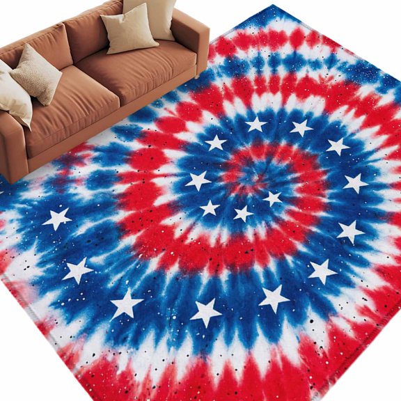 Gradient Red Blue Washable Living Room Rugs 8'x10', Stars U.S. Flag Abstract Tie-dye Sequins Low Pile Throw Large Area Rug Non-Slip Sturdy Edge Binding Carpet for Bedroom Dining Room Office