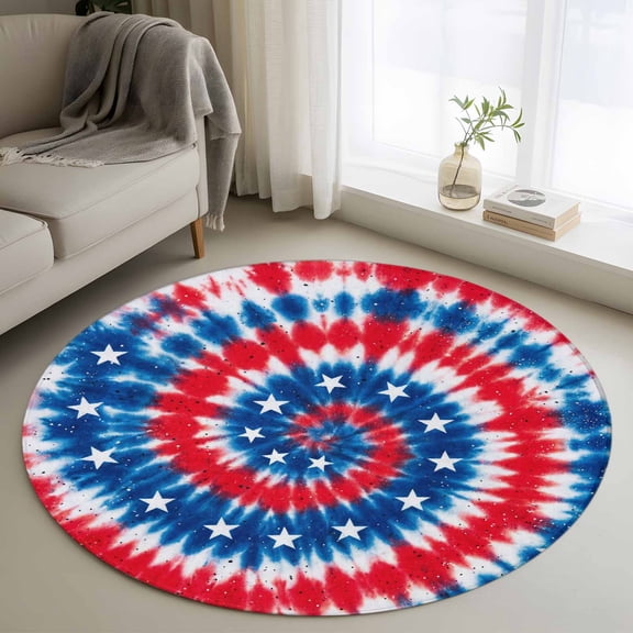 Gradient Red Blue Washable Round Area Rug 3 ft, Stars U.S. Flag Abstract Tie-dye Sequins, Soft Non Slip Rugs Stain Repellent Indoor Felt Carpet for Living Dining Room Bedroom Home Office