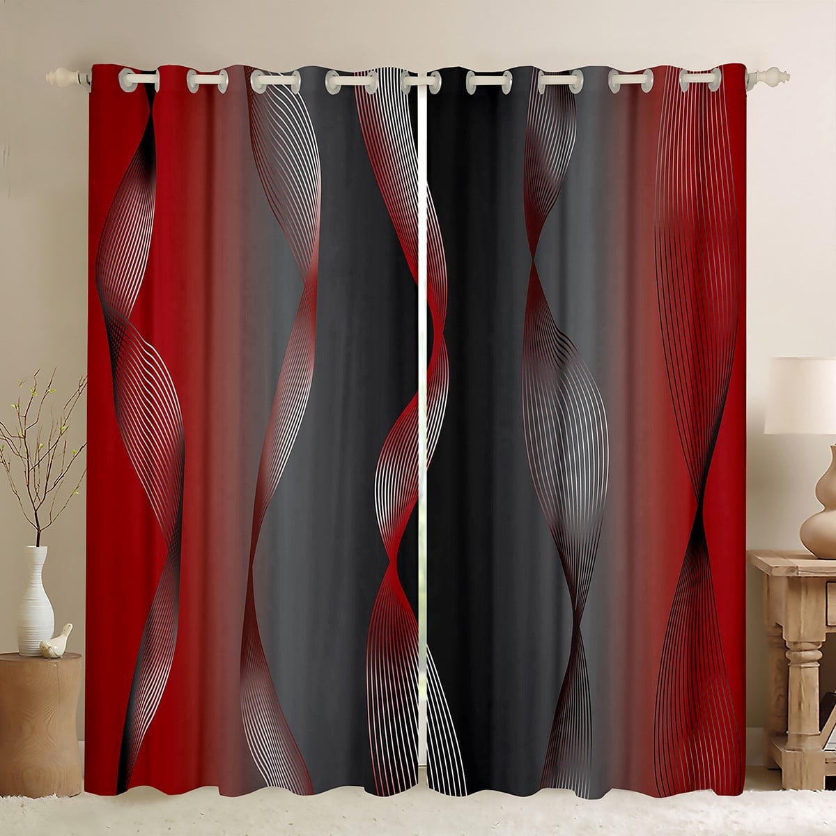 Gradient Red and Grey Black Curtains & Drapes,Irregular Silver Stripe Wave Line Curtains Ombre 30%-50% Blackout Curtains 2 Panels 42"Wx84"L,Abstract Art Room Decor Aesthetic