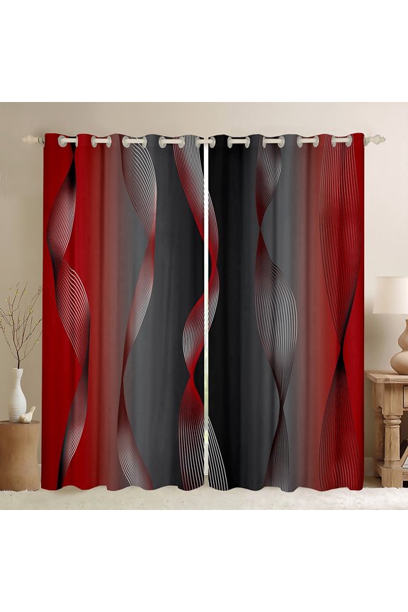 Gradient Red and Grey Black Curtains & Drapes,Irregular Silver Stripe Wave Line Curtains Ombre 30%-50% Blackout Curtains 2 Panels 42"Wx84"L,Abstract Art Room Decor Aesthetic