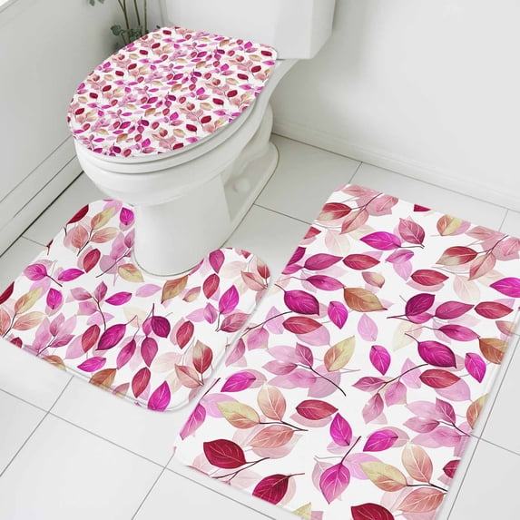 Gradient Red Leaf Bathroom Rugs Set Vintage Spring Watercolor Red Pink Leaves Plant Non Slip Absorbent Soft Bath Mats 3 Piece Set with Bathroom Rug, U-Shaped Floor Mat, Toilet Seat Cover Small Size