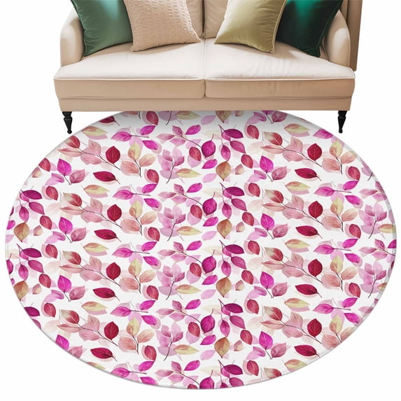 Gradient Red Leaf Round Area Rug 7ft Vintage Spring Watercolor Red Pink Leaves Plant Non-Slip Washable Circle Rugs Soft Felt Indoor Floor Mat for Bedroom Kitchen Living Room Bathroom