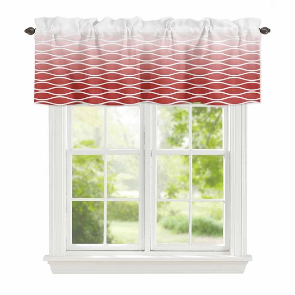 Gradient Red Morocco Window Valance Curtain Modern Geometric Wave Lines Rod Pocket Valance for Windows Short Curtain for Living Room, Bedroom & Kitchen Window Decor 42x12in