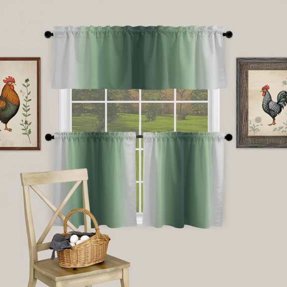 Gradient Sage Green Gray Curtain Tier and Valance Set 3 Piece, Modern Minimalist Style 3-inch Rod Pocket Window Tier Curtains Valance for Kitchen Living Room