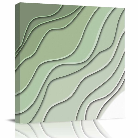 Gradient Sage Green Ocean Wave Line Canvas Artwork Painting Art, Simple Striped Square Framed Wall Decorations Prints Picture for Bedroom Kitchen Living Room, 8x8 in