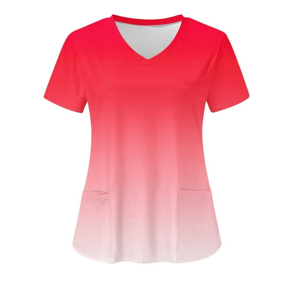 Gradient Scrubs for Women V Neck Printed Scrub Tops Soft Short Sleeve Nurse Uniform Shirts with Pockets