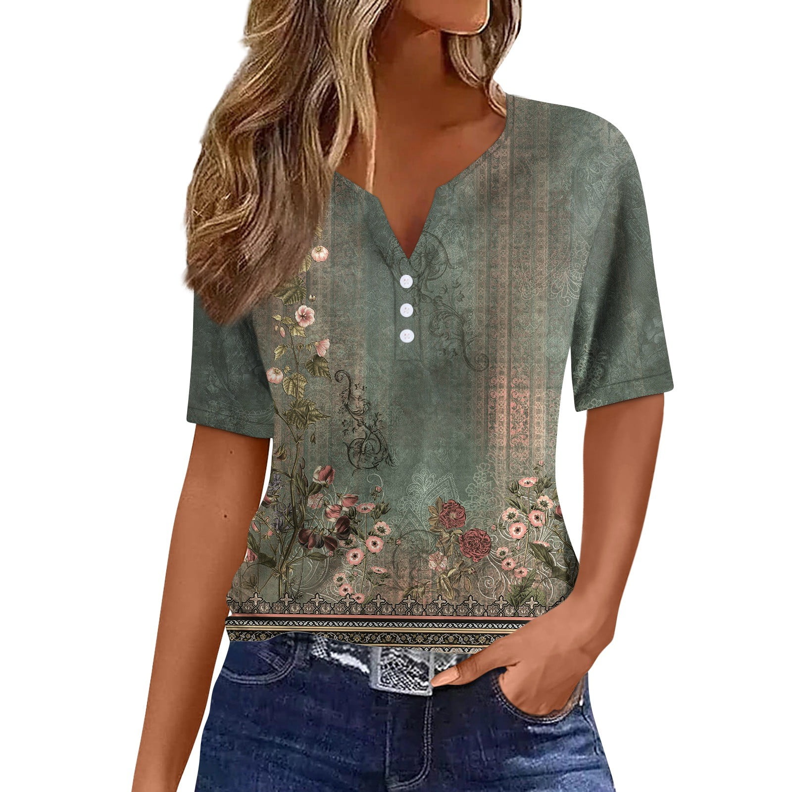 LGNORA Women's Vintage Gradient Modal Tee - Short Sleeve Round Neck Casual Summer Top, Teal Large - View #3