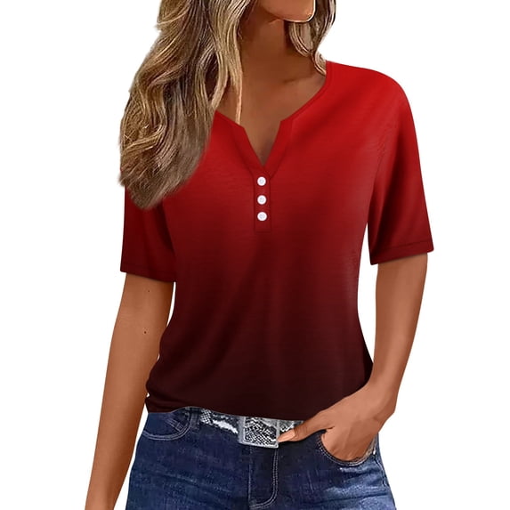 Gradient Shirts for Women 3/4 Length Sleeve Summer Tops Dressy Casual Notch Neck Blouses 2024 Tie Dye Printed Parade T Shirt