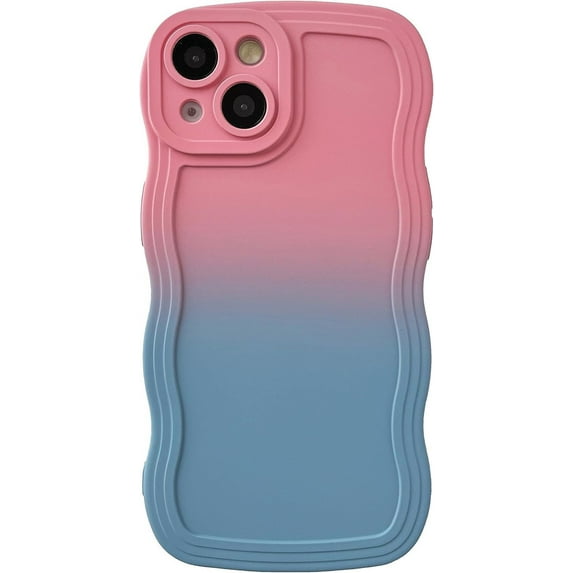 Gradient Solid Color Curly Wave Frame Soft Compatible with iPhone Case (Pink Blue,iPhone 14 Pro Max)