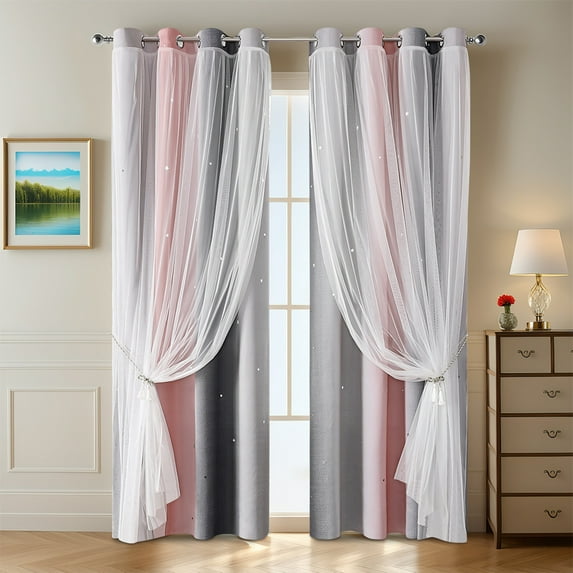 Gradient Stripe Blackout Curtains 39.37 x 51.18 Inches Double Layer Star Print Sheer Curtains for Bedroom Living Room Decoration Light Filtering Room Darkening Window Treatments