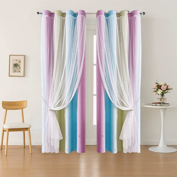 Gradient Striped Blackout Curtains for Bedroom Living Room Window Decor, Double Layer Sheer Voile Drapes with Dreamy Celestial Night Sky Design Thermal Insulated Room Darkening Window Treatments