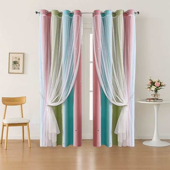 Gradient Striped Double-Layer Star Cutout Shade Curtain, 100×130cm Polyester Sheer Panel, Multicolor Room Darkening Window Treatment for Bedroom Living Room Decor
