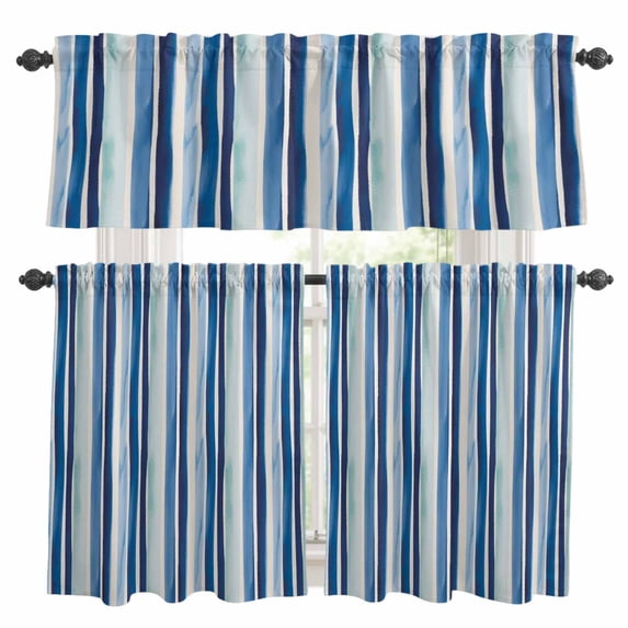 Gradient Stripes Kitchen Curtains Valances and Tiers Set of 3 Navy Blue Striped Vintage Lines Tier Curtains and Valance with Rod Pocket for Small Windows, 27.5"x36"