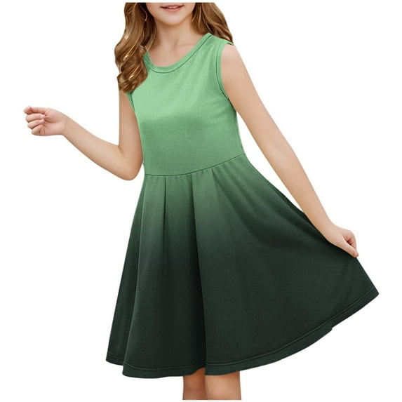 Gradient Summer Dresses for Kids Girls 2025 Casual Loose Sleeveless Sundresses Beach A-Line Tank T-Shirt Midi Dress