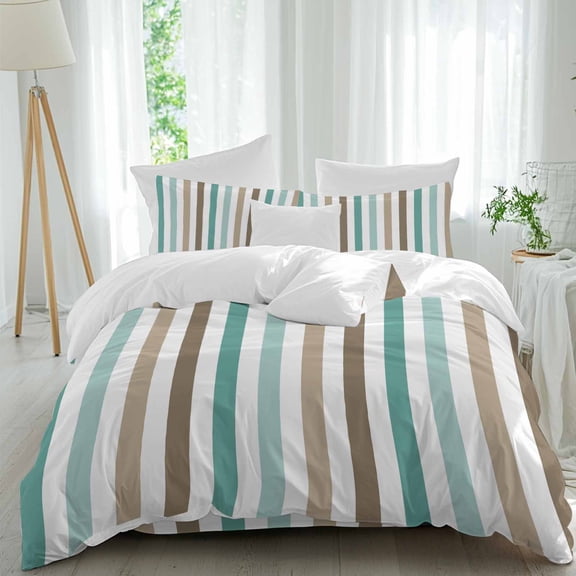Gradient Teal Brown Stripes Comforter Set Queen Size, Minimalist Vertical Striped Soft Bedding Set for Man Woman, 4 Pieces Duvet Cover Set with Fitted Sheet, 2 Pillowcases