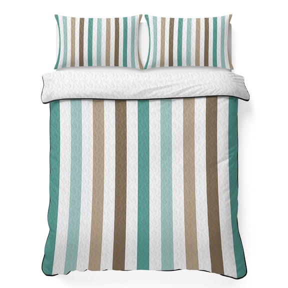 Gradient Teal Brown Stripes Twin Quilt Bedding Set, Minimalist Vertical Striped Lightweight Comforter with 2 Pillow Shams Bedroom Bedspread Set Home Decor for All Seasons