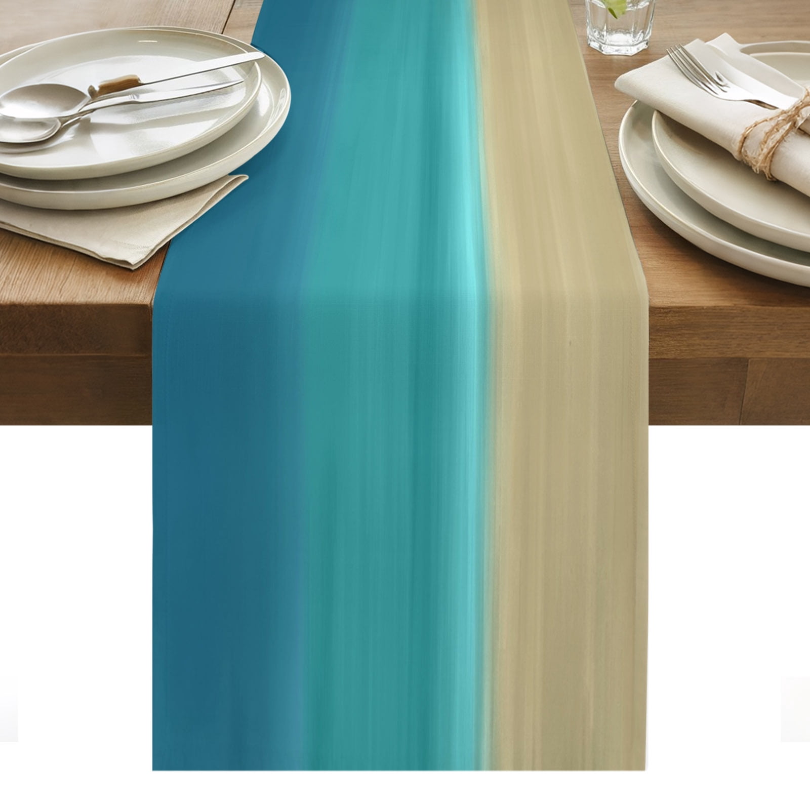 Gradient Teal Cotton Linen Table Runner Abstract Teal Green Khaki ...