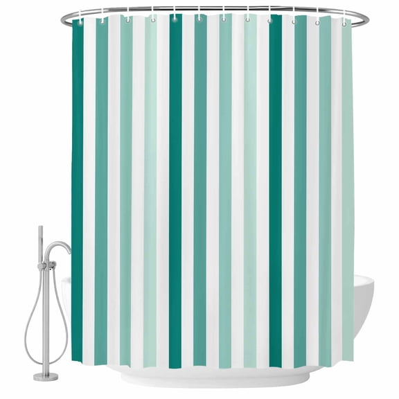 Gradient Teal Green Stripes Bathroom Shower Curtains with Hooks, Minimalist Vertical Striped Waterproof Fabric Washable Shower Curtain for Home Hotel Bathtub Decor 60x72 Inch