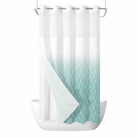 Gradient Teal No Hook Shower Curtain and Snap in Liner Set, Abstract Morocco Teal Curved Lines Waterproof Shower Curtain Liner Set with Mesh Top Window for Bathroom 36x72in
