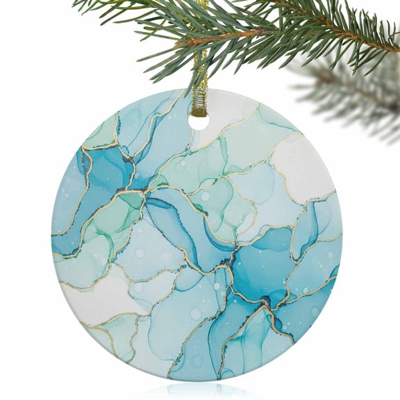 Gradient Teal Marble Texture Christmas Ceramic Ornament 2025,3" Round Xmas Tree Hanging Accessories with Gold Ribbon