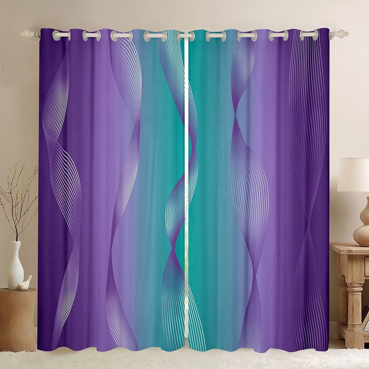 Gradient Teal and Purple Blackout Curtains Ombre Curtains & Drapes,Spiral Silver Print Wave Striped Pattern 2 Panels 42"Wx63"L Curtains,Abstract Art Room Decor Aesthetic