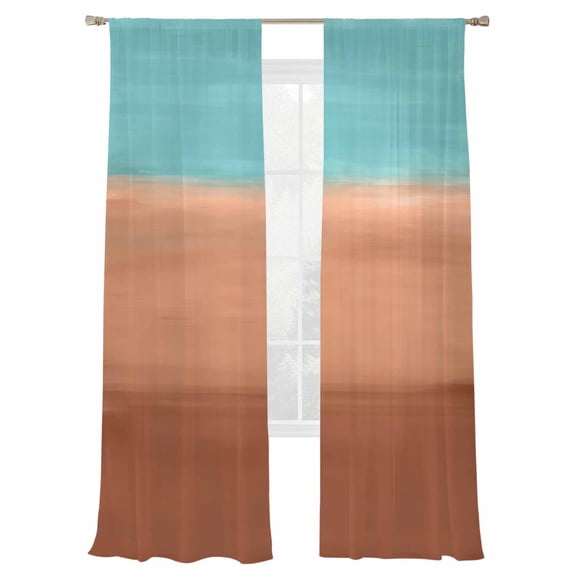 Gradient Teal Sheer Curtains 2 Panels Set Abstract Teal Coral Red Gradient Water Ripples Sheer Window Curtains Light Filtering Rod Pocket Voile Drapes for Bedroom Living Room 52"X108"