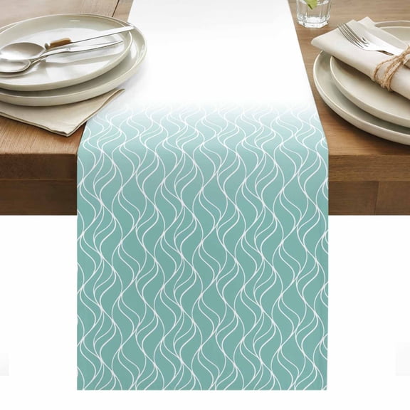 Gradient Teal Table Runner 13 x 36 Inch, Abstract Morocco Teal Curved Lines Washable Cotton Linen Dining Table Runner Tabletop Decorations for Restaurant Home Kitchen Party