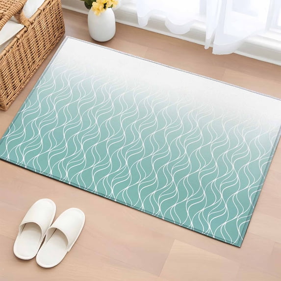 Gradient Teal Washable Small Entryway Area Rugs 2'x3', Abstract Morocco Teal Curved Lines Low Pile Throw Rug Non-Slip Sturdy Edge Binding Carpet for Front Door Floor Room Entry